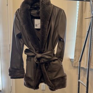 Forever 21 Tan Faux Leather Jacket with Fur Collar